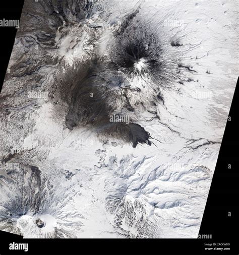 Bezymianny volcano, Kamchatka, Russia, satellite image. Ash and steam ...