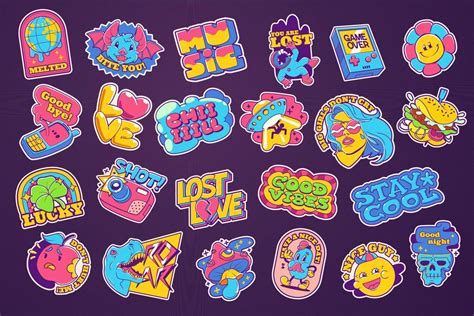 Trendy retro stickers and badges acid collection 13194419 Vector Art at Vecteezy