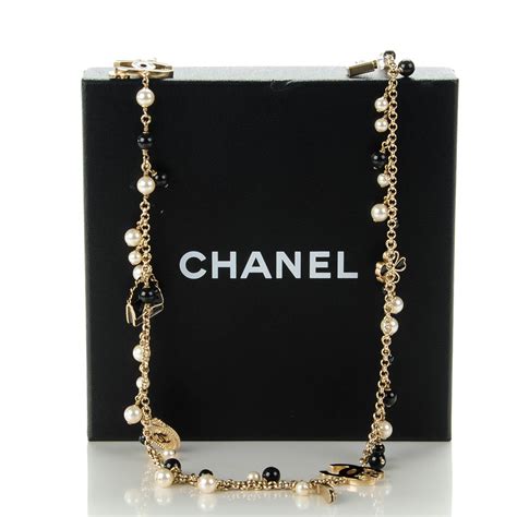 CHANEL Pearl Beaded Enamel Coco Charm Long Necklace Gold 135162