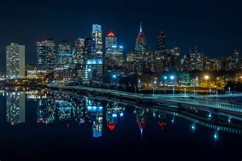 building, Lights, USA, Night, Skyscraper, Reflection, Promenades, River, Philadelphia, Water ...