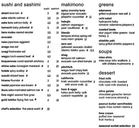 Menu at Uchi restaurant, Dallas