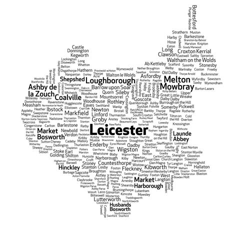 map of Leicestershire made with cities, towns and village names ...