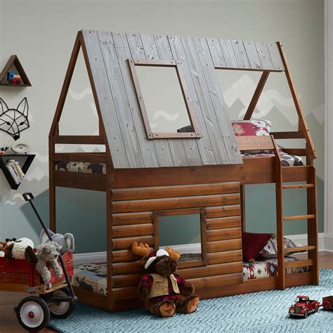 Ti Amo Rocky Mountain Log Cabin Bunk Bed Twin Bunk Bed in Brown/Grey ...