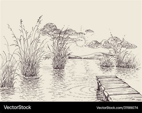 Lake and river peaceful landscape wooden pontoon Vector Image