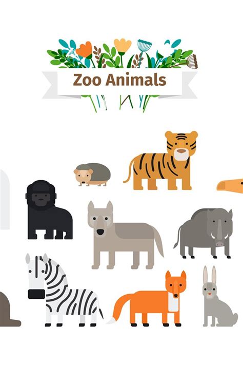 Zoo Animals Flat Design Icons Set