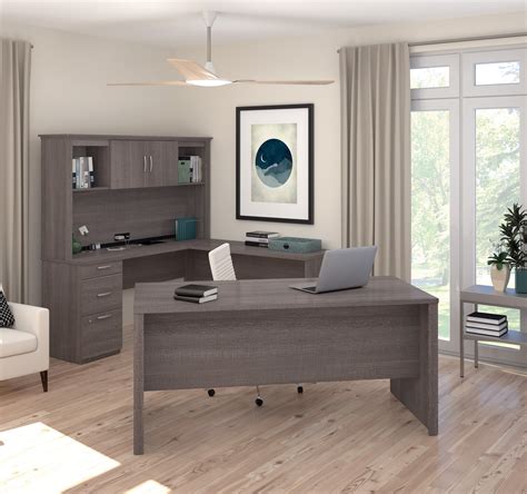 Bark Gray Premium U-shaped Desk with Hutch by Bestar - OfficeDesk.com