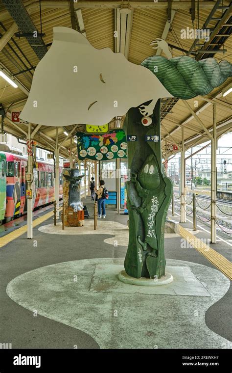 June 2023, Yokai (supernatural beings) decoration on Platform 0 at Yonago Station where the ...