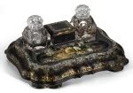 A VICTORIAN BLACK LACQUERED PAPIER MÂCHÉ INKSTAND, CIRCA 1850 | STYLE: Private Collections ...