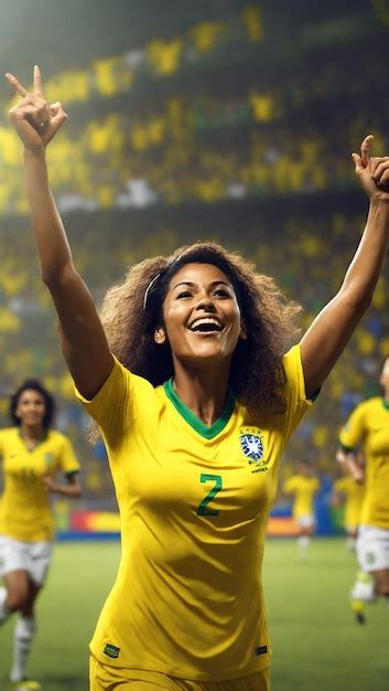 Premium AI Image | Female soccer player brazil celebrating goal in ...