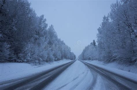 Snowy Road In Sweden Scandinavia At Winter Stock Image - Image of cold ...