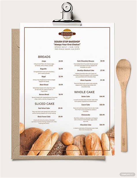 a menu with breads on it next to a wooden spoon