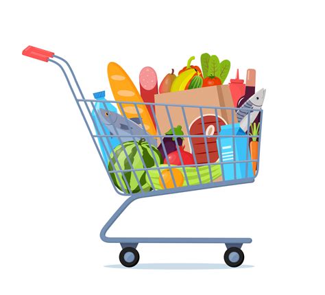 Shopping trolley full of food, fruit, products, grocery goods. Grocery shopping cart. Buying ...