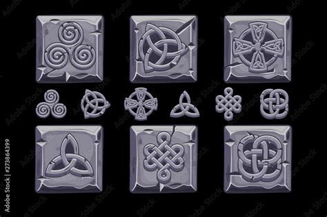 Celtic symbols. Cartoon set celtic icons on stone square. Objects on ...