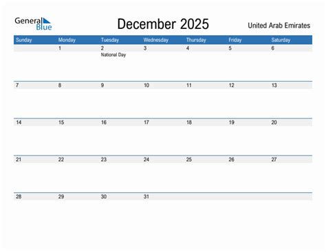 Editable December 2025 Calendar with United Arab Emirates Holidays