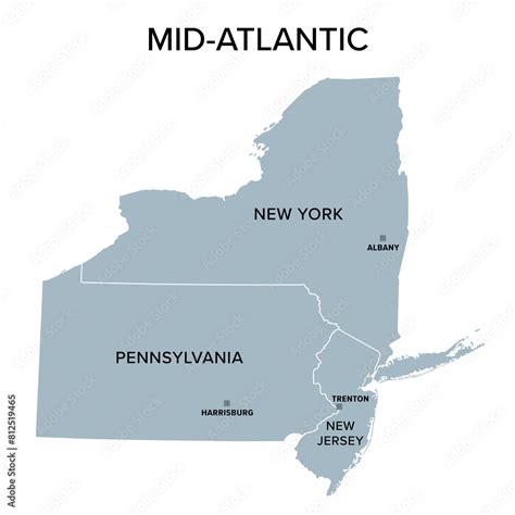 Mid-Atlantic, or Middle Atlantic states, gray political map, with ...