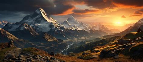 Premium Photo | Mountain landscape at sunset Panoramic view of the mountains