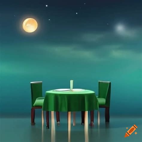 Table set with green tablecloth under the night sky
