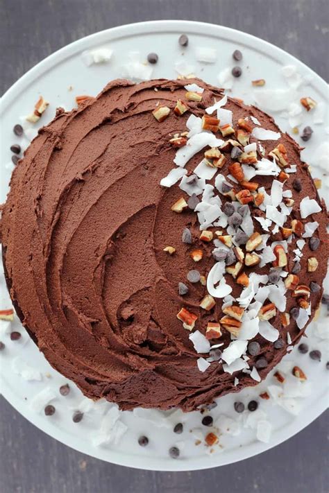 Moist and rich 2-layer vegan German chocolate cake with a coconut pecan ...