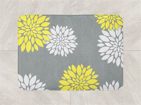 Floral Bath Mat, Yellow Grey Bathroom Decor, Foam Bath Rug, Flowers ...