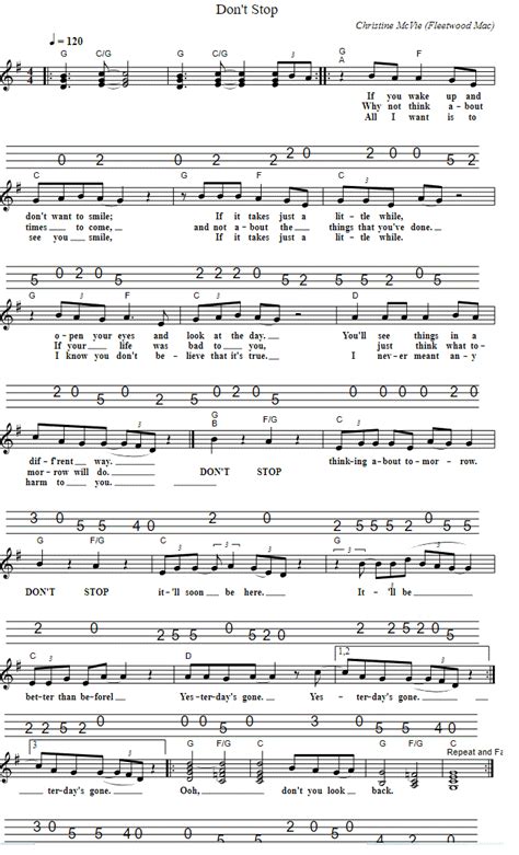 Don't Stop Thinking About Tomorrow Sheet Music Mandolin Tab - Tenor ...