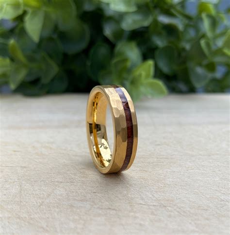 Yellow Gold Hammered Tungsten Ring 6mm Wood Inlay Men Women Wedding Band Comfort Fit Size 5 to ...