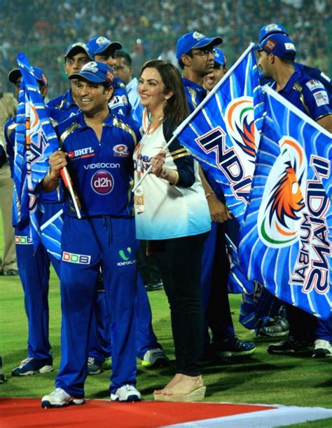 Nita Ambani with Mumbai Indians' Sachin Tendulkar after the team won ...