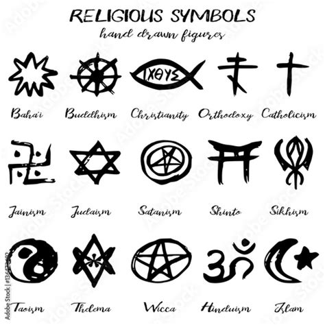 Hand drawn religious symbols, written grunge signs with their names on ...