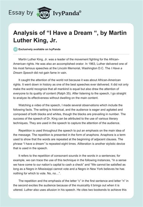 A paper on an analysis of "I have a Dream", by Martin Luther King, Jr ...