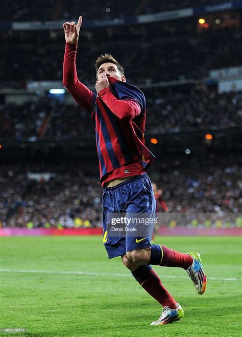 Lionel Messi of Barcelona celebrates scoring his team's fourth goal ...