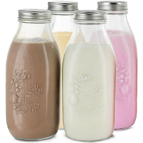 Estilo Dairy Reusable Glass Milk Bottles With Metal Lids, 33.8 oz, Set of 4. - Walmart.com ...