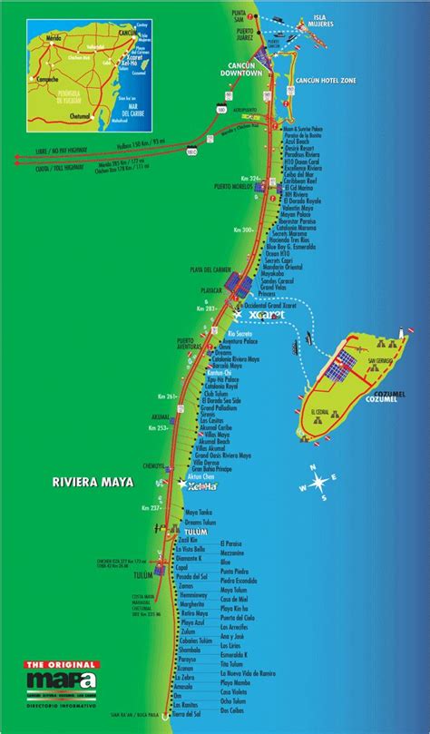 Map of the main hotels along the Riviera Maya including the Grand ...