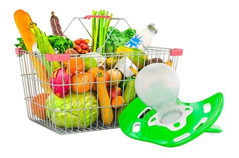 Premium Photo | Baby pacifier with shopping basket full of products fruits and vegetables 3d ...