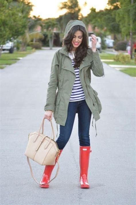 A dozen rainy day outfit ideas we love- grab your Hunter wellies and an army green parka and ...