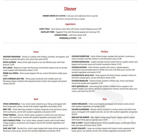 Leo's Restaurant menu in Middlebury, Connecticut, USA