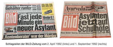 Schlagzeilen der BILD-Zeitung vom 2. April 1992 (links) und 1. September 1992 (rechts) - Der ...