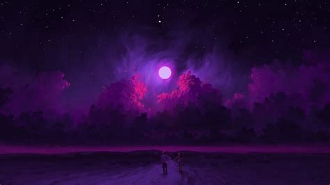 couple, BisBiswas, digital painting, artwork, night, sky, Moon, clouds, purple | 1920x1080 ...