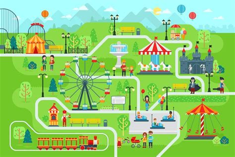 Park elements for map, flat vector | Theme park map, Amusement park, Illustrated map