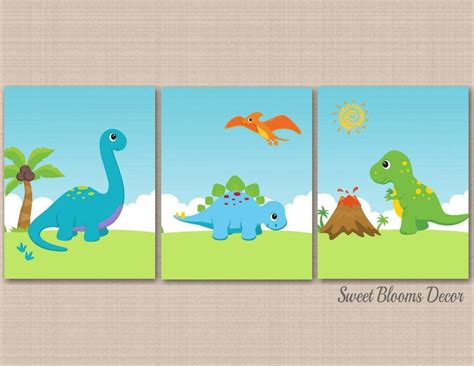 Dinosaurs Nursery Wall Art Boy Bedroom Decor Grass Trees Volcano Teal – Sweet Blooms Decor ...