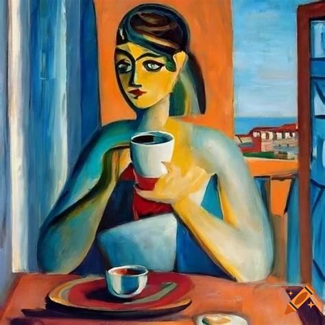 Cubist painting of a woman with a coffee on a balcony overlooking a coastal town on Craiyon