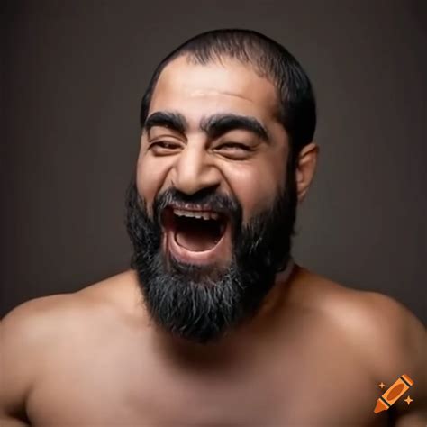 Bearded iranian wrestler laughing