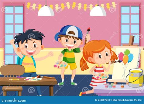 Happy Children in an Art Class Painting Stock Vector - Illustration of ...