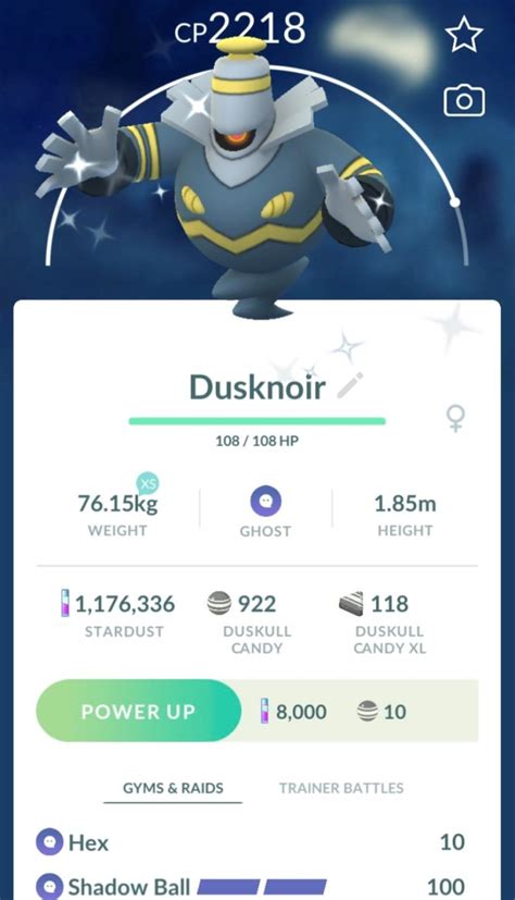 Pokémon GO screenshot of Shiny Dusknoir with the Pokémon GO Community Day exclusive move Shadow ...