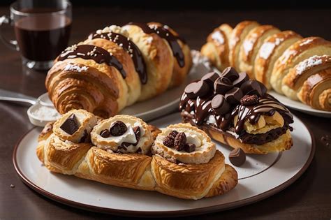 Premium AI Image | Chocolate puff pastry croissant chocolate eclair and ...