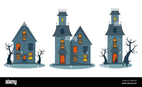 Scary haunted house and broken windows, Halloween horror house set ...