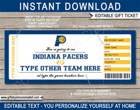 Indiana Pacers Game Ticket Gift Voucher | Printable Surprise NBA Basketball Tickets