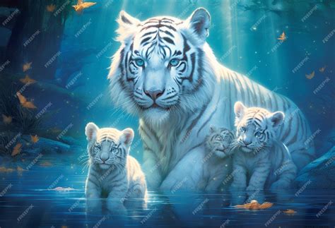 Premium Photo | White tiger and cubs in the water