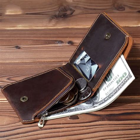 LEACOOL Vintage Men Leather Wallet with Zipper Coin Pocket Handmade Short Genuine Leather Purse ...