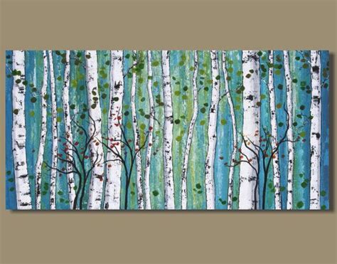 abstract painting, panoramic birch tree painting, white birch, blue green, abstract landscape ...