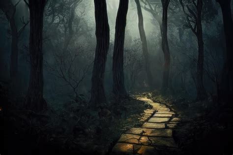 Premium Photo | Mysterious glowing path in dark forest at night scary fairy tale atmosphere 3d ...