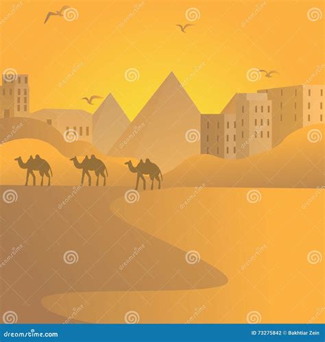 Camel Caravan Travel In Desert With Pyramids Of Egypt At Background Arab Building Stock Vector ...